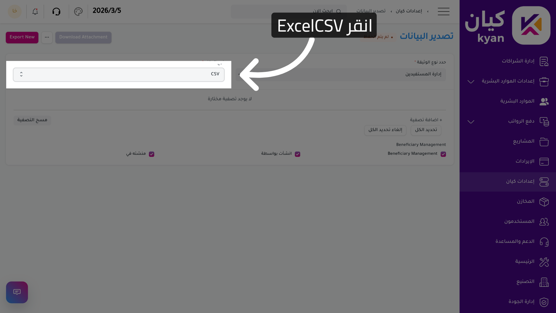 اختيار صيغة التصدير