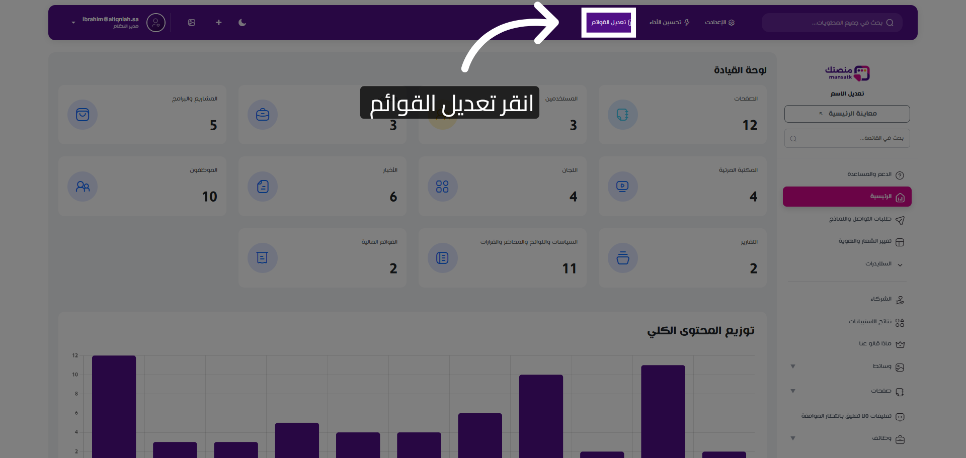فتح صفحة تعديل القوائم