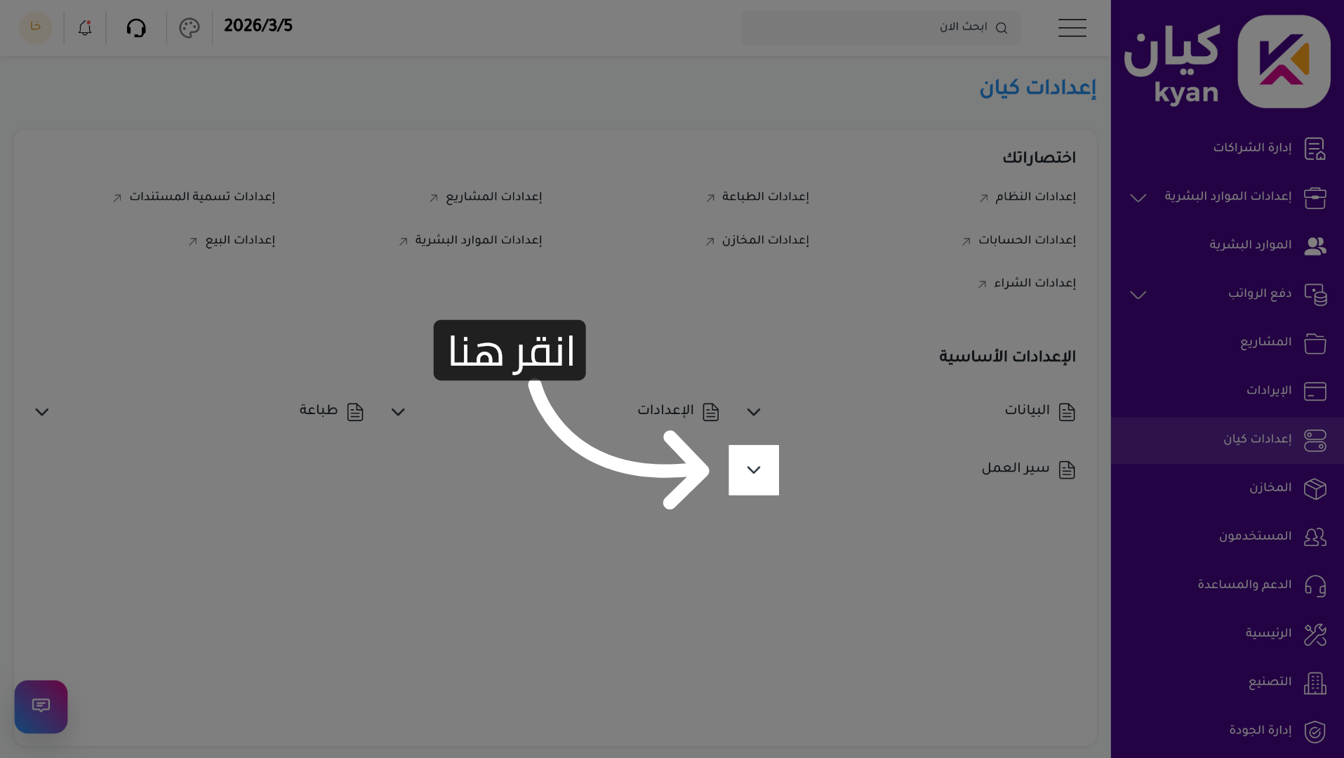 الوصول إلى إعدادات الكيان