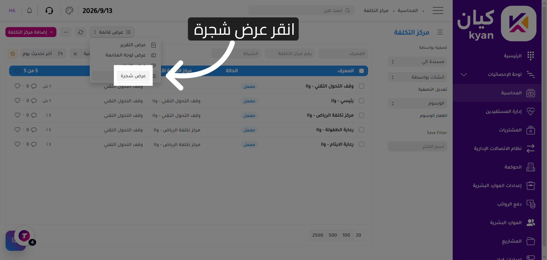 عرض شجرة مراكز التكلفة